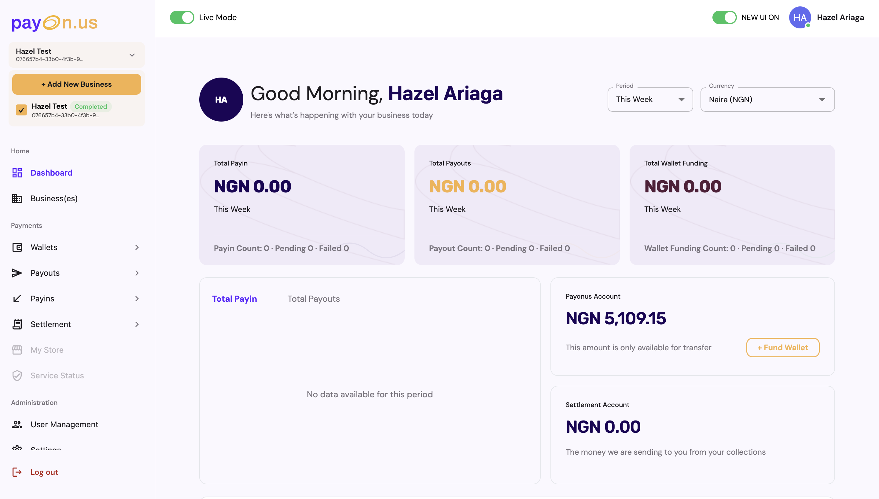 Redesigned dashboard showing Payonus Account and Settlement Account cards