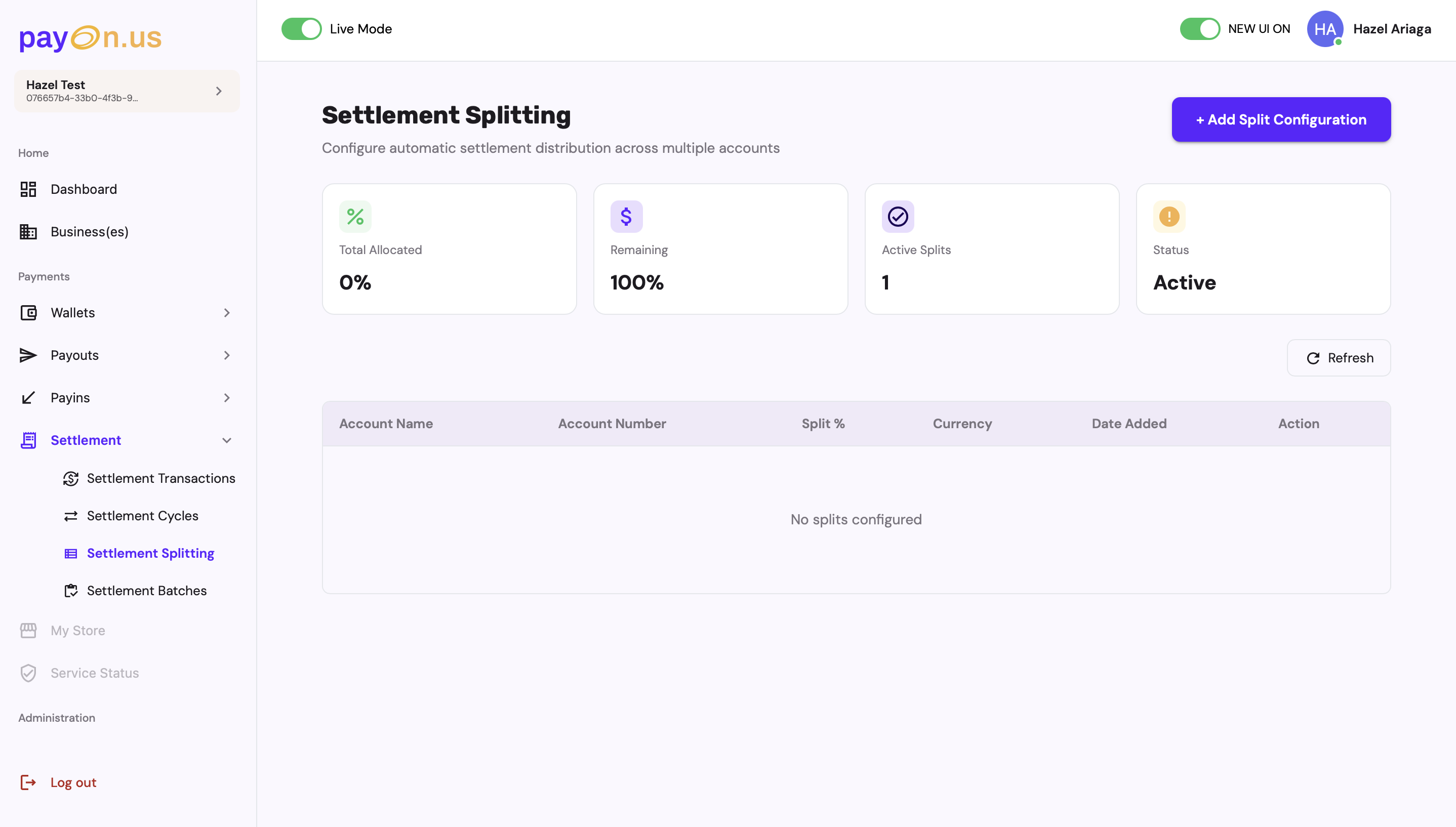 Redesigned settlement: stat cards showing Total Allocated, Remaining, Active Splits, Status