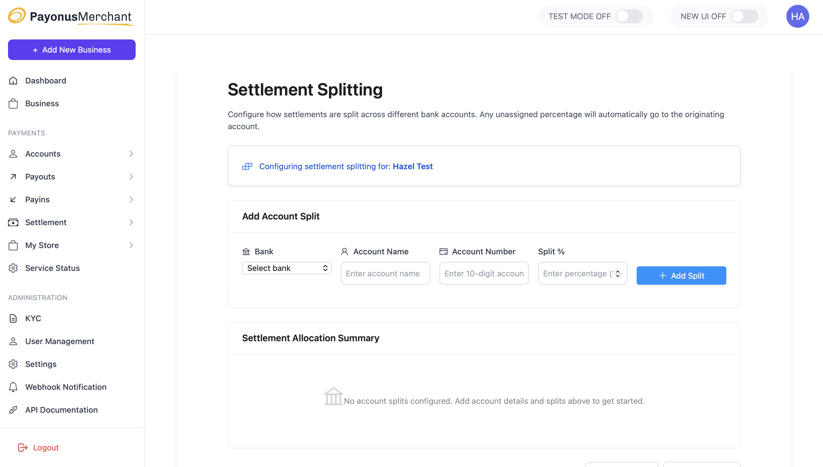 Original settlement splitting — bare form with no allocation visibility