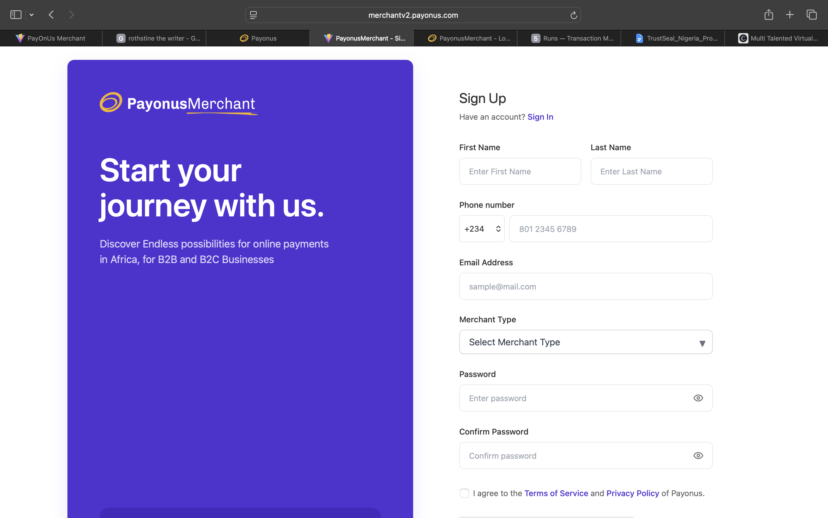 Original Payonus signup form — all fields on one dense screen