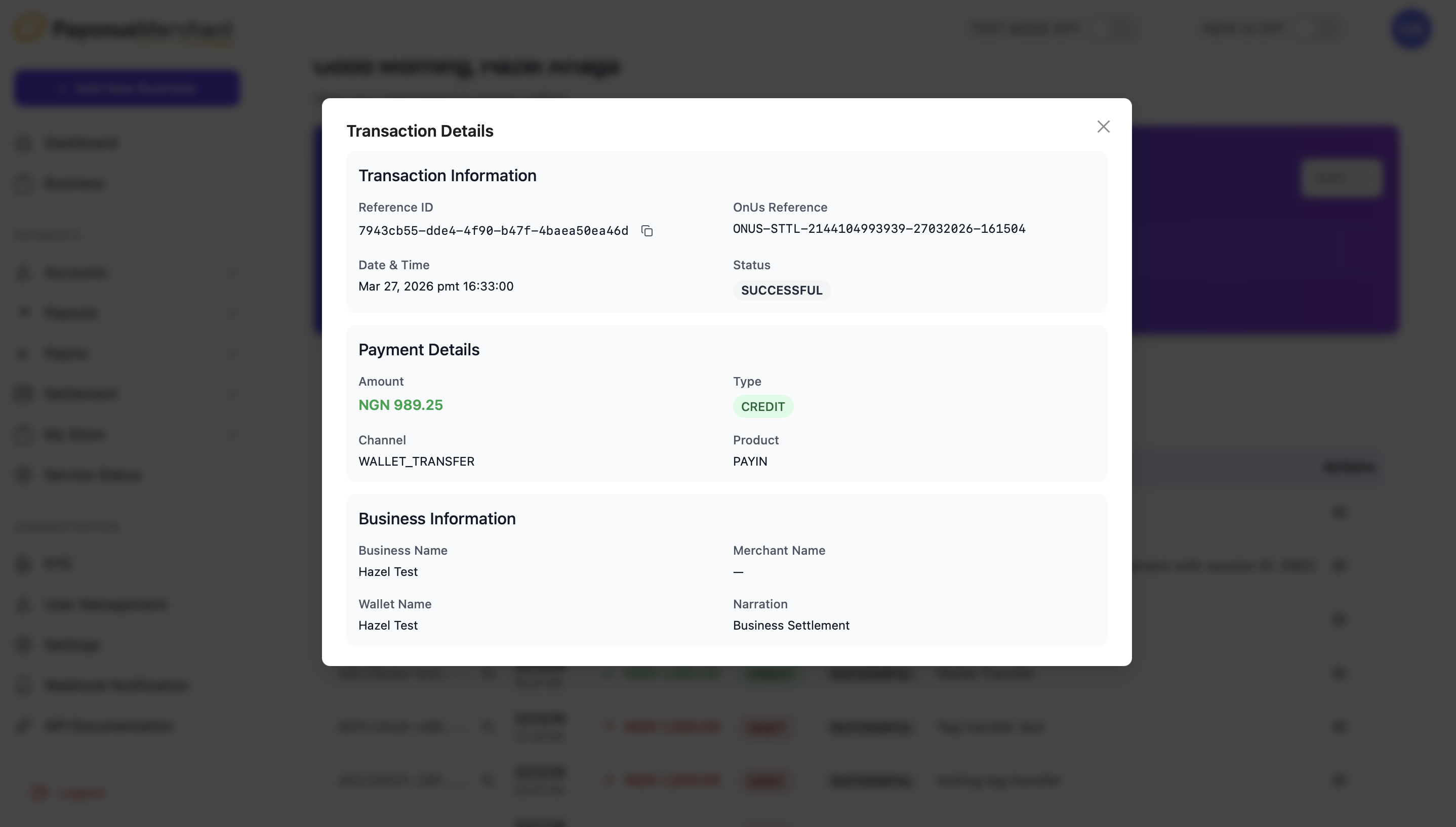 Original transaction detail modal — all fields at equal weight